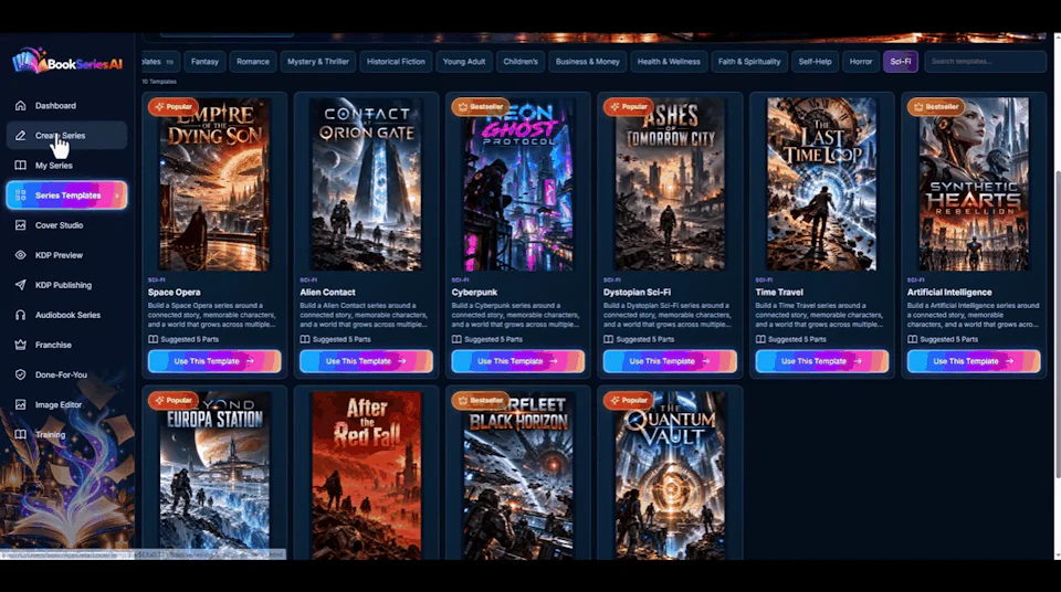 BookSeries AI dashboard showing the Create Your Next Book Series screen