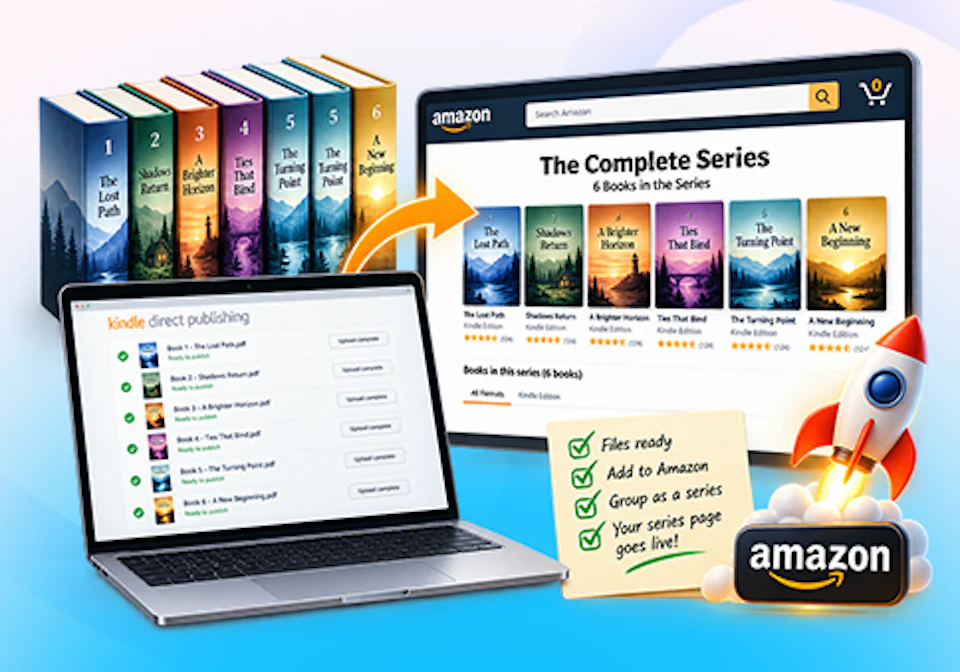 BookSeries AI review: book series bundle with matching covers shown on a laptop