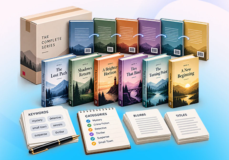 BookSeries AI book series bundle on a laptop with matching book covers