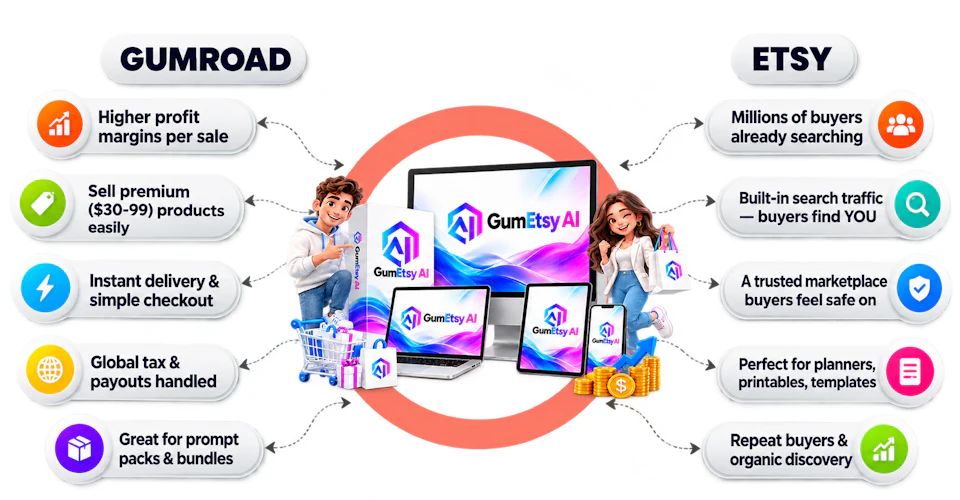 GumEtsy AI Gumroad and Etsy features infographic
