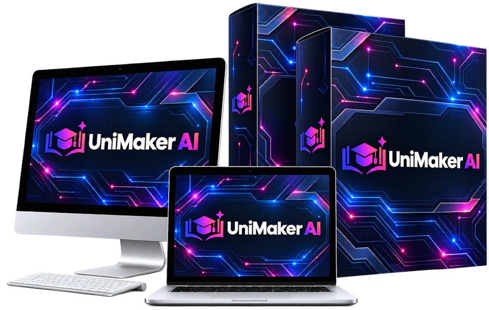 UniMaker AI bundle shown on desktop, laptop, tablet and software boxes