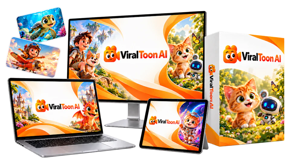 ViralToon AI review: the ViralToon AI app bundle on laptop, monitor, tablet and software box